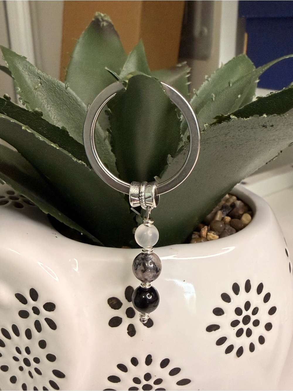 Lepidolite Crystal Stainless Steele Tribal Keychain